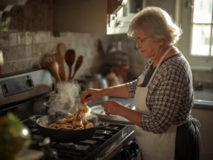 Ajouter les légumes dans la poêle avec le poulet – oignons, ail et champignons – pour une fricassée de poulet express, plat familial prêt en 20 minutes sans four