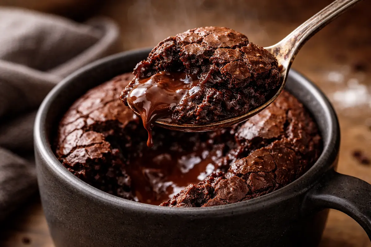 Tasse fumante contenant un brownie au chocolat sans beurre hyper fondant tout juste sorti du micro-ondes, ambiance gourmande et rapide. Brownie sans beurre au micro-ondes