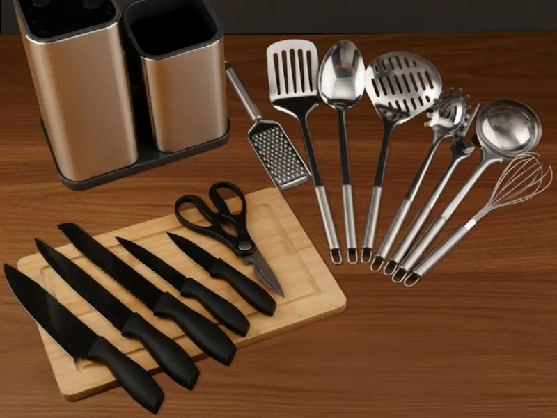 Ustensiles de cuisine indispensables regroupés sur un plan de travail
