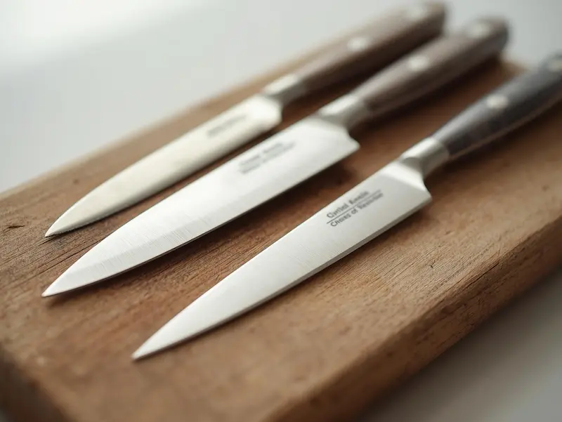 Couteau de chef, couteau à pain et couteau d’office sur une planche de cuisine en bois
