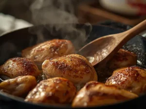 Faire revenir le poulet dans la poêle, étape de la fricassée de poulet express — plat familial prêt en 20 minutes sans four
