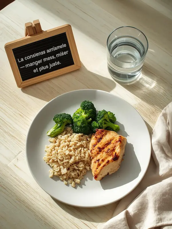 Assiette équilibrée avec poulet grillé, riz complet et légumes verts, illustrant la conscience alimentaire et le mieux-manger dans les tendances food 2026.