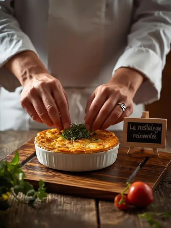 Chef décorant un gratin revisité avec des herbes fraîches, illustrant la nostalgie réinventée dans les tendances food 2026.