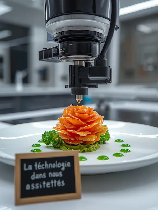Photo réaliste d’une imprimante 3D culinaire créant un plat design, symbolisant la technologie dans nos assiettes, tendance food 2026.