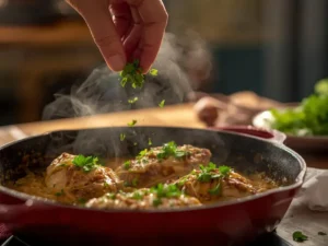 Ajouter la touche finale de persil frais sur la fricassée de poulet express, un plat familial prêt en 20 minutes sans four