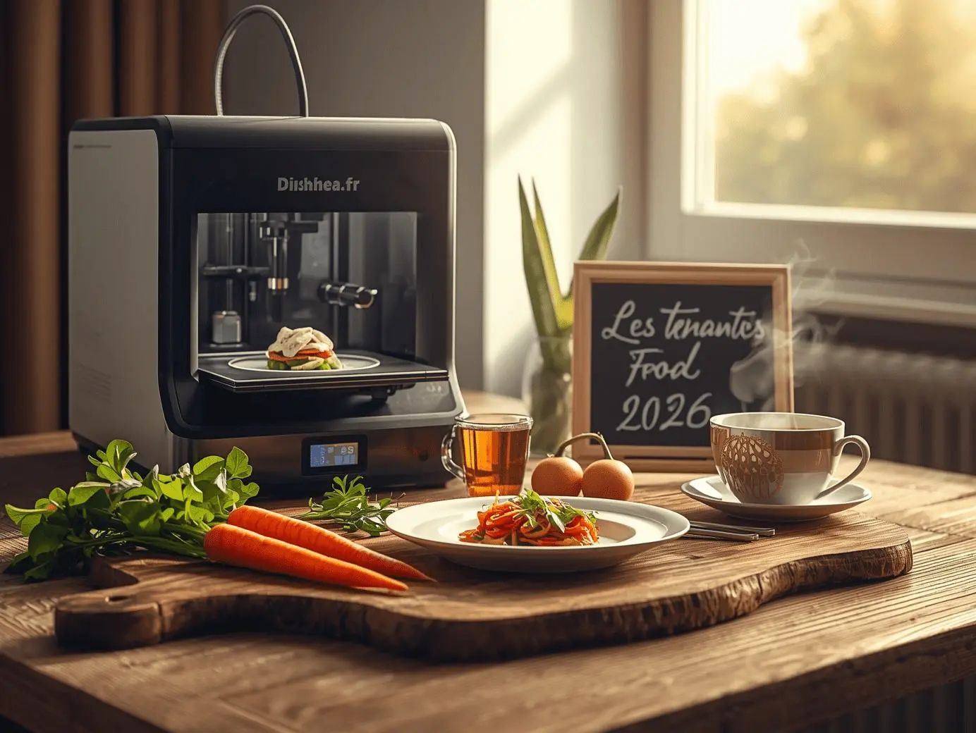 Photo réaliste d’une table culinaire moderne illustrant les tendances food 2026 : plats végétaux, ardoise et ambiance naturelle.