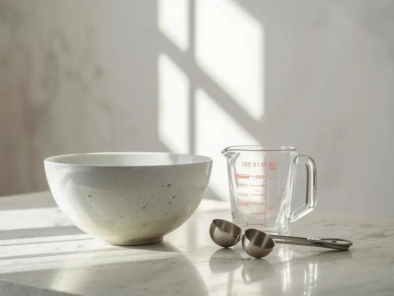 Bol, verre doseur et cuillères doseuses en cuisine
