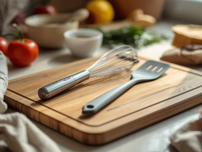 Spatule et fouet en acier inoxydable sur planche à découper en bois
