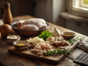 Préparer les ingrédients de la fricassée de poulet express, un plat familial prêt en 20 minutes sans four