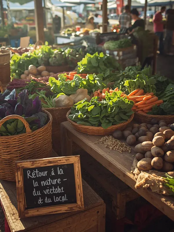 Étals de légumes frais au marché, symbolisant la montée du végétal et du local, tendance food 2026.