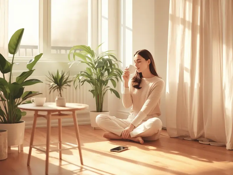 Femme assise au soleil, savourant un café dans un salon lumineux, symbole de déconnexion digitale et de sérénité.