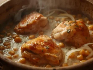 Cuisson du Kbab algérois au poulet avec pois chiches dans la cocotte