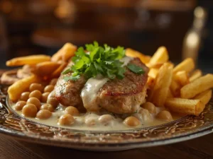 Kbab algérois au poulet en sauce blanche avec pois chiches et frites