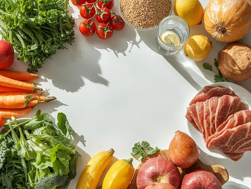 Assortiment d’aliments sains avec légumes, féculents complets et protéines pour manger sainement au quotidien