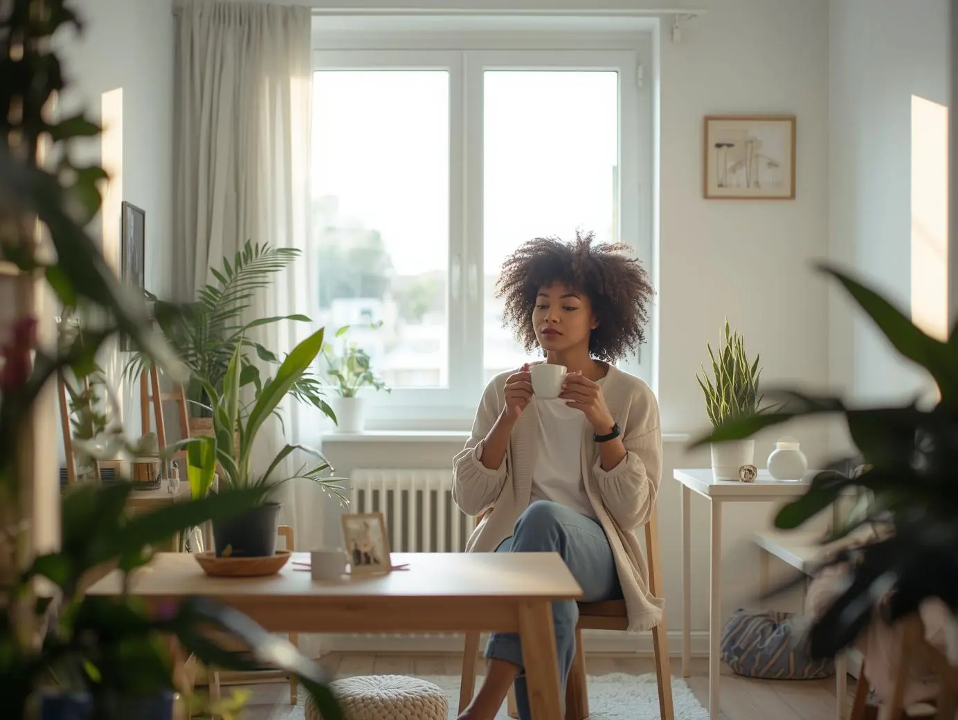 Femme savourant un café dans un appartement lumineux illustrant un mode de vie minimaliste en ville