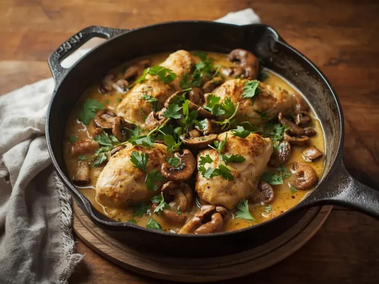 Fricassée de poulet express, plat familial prêt en 20 minutes sans four, avec sauce crémeuse, champignons et persil
