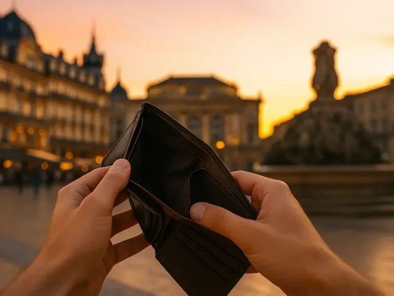 Deux mains ouvrant un portefeuille presque vide sur la Place de la Comédie à Montpellier, symbole de la recherche d’un restaurant pas cher montpelier.