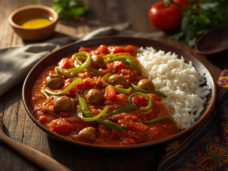 Tchektchouka algérienne maison de Mamie Ika, préparée avec des poivrons verts corne de bœuf, des olives vertes et une sauce parfumée au ras el hanout, servie avec du riz basmati.
