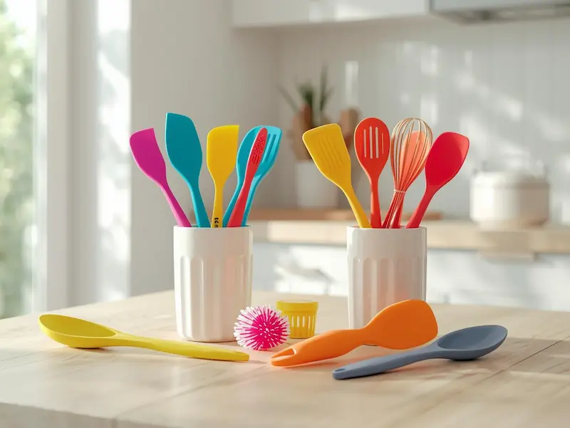 Ustensiles en silicone anti-adhérents colorés sur un plan de travail