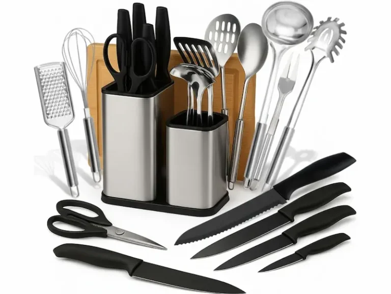 Ustensiles de cuisine indispensables : couteaux, louches, fouet, spatule et râpe