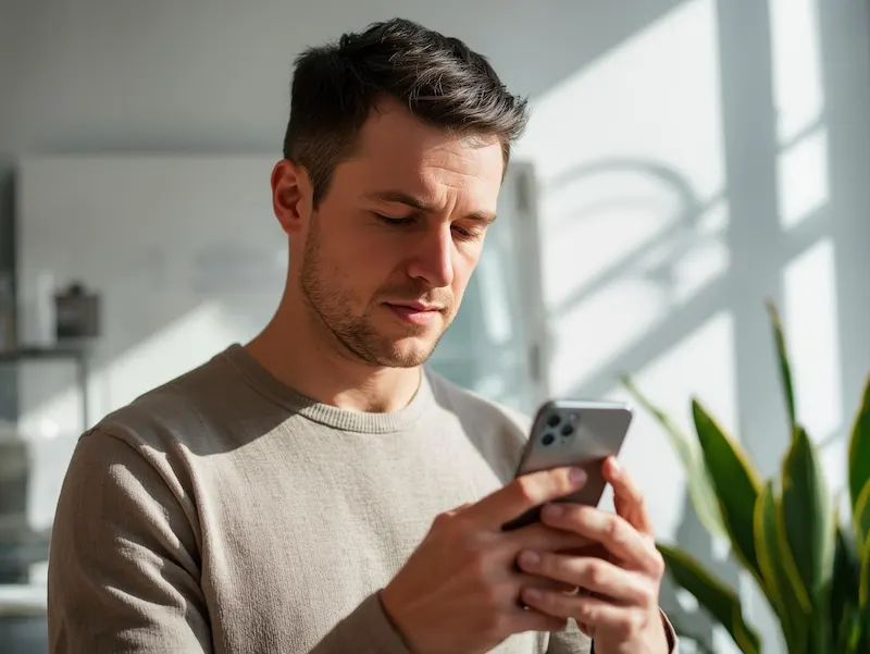 Homme qui cherche à réduire les notifications smartphone sur son écran