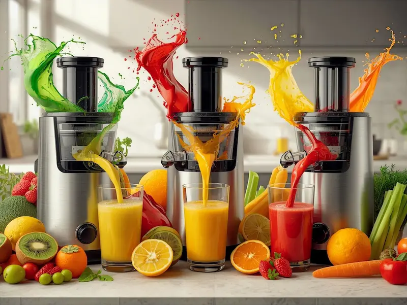 Trois extracteurs de jus alignés avec fruits et légumes colorés, jus en mouvement dans un verre transparent