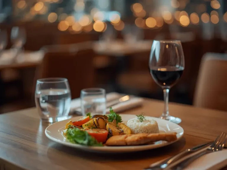 Assiette équilibrée servie au restaurant avec légumes, riz et poisson, idéale pour bien manger au restaurant sans grossir