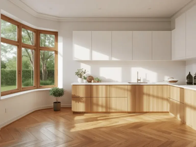 Cuisine minimaliste bois et blanc lumineuse avec grande baie vitrée et plantes