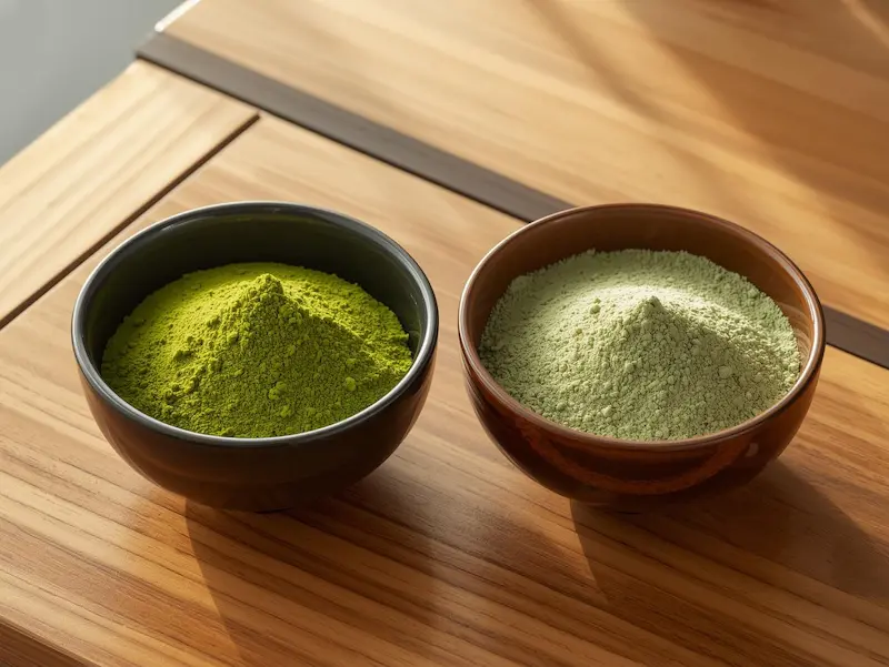 Deux bols de matcha vert posés sur une planche en bois, vus de près.