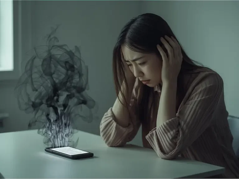 Femme triste regardant son téléphone, assise dans une pièce sombre