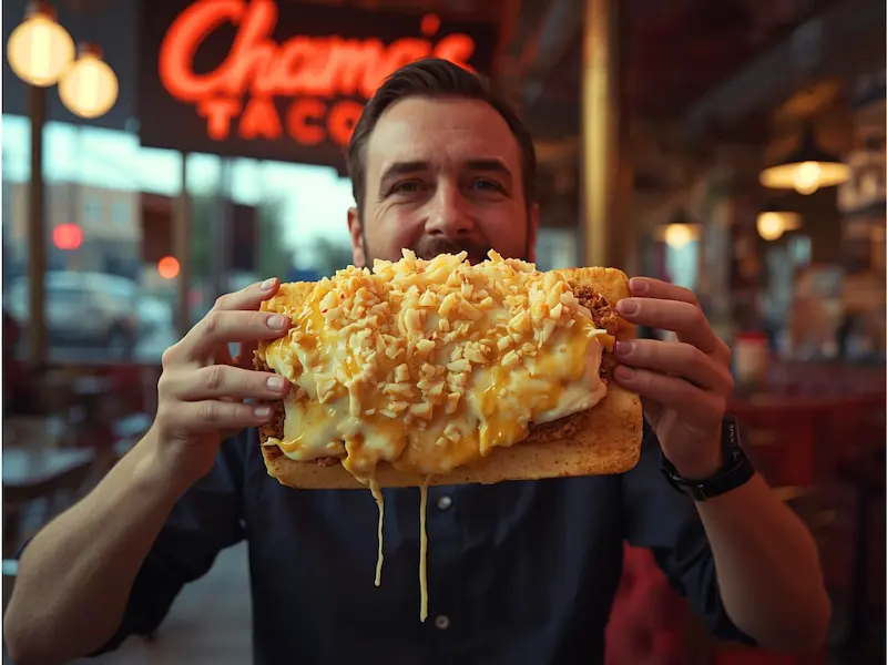 Homme qui dévore un french tacos chez Chamas Tacos