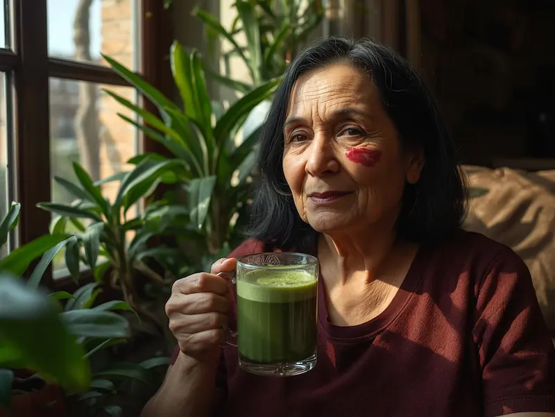 Femme âgée souriante tenant une tasse de matcha latte près d’une fenêtre entourée de plantes.