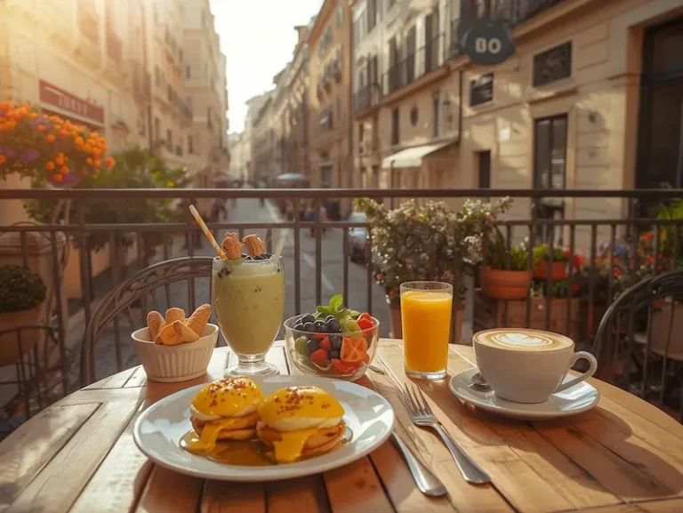 Photo du meilleur brunch Montpellier centre servie en terrasse avec jus d’orange, café et assiette gourmande