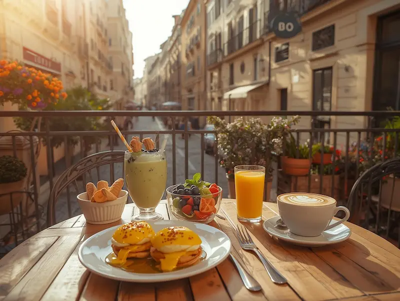 Photo du meilleur brunch Montpellier centre servie en terrasse avec jus d’orange, café et assiette gourmande