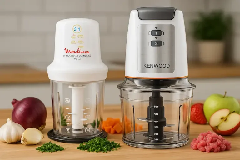 Comparatif mini-hachoir électrique Moulinex et Kenwood sur plan de travail avec légumes et ingrédients