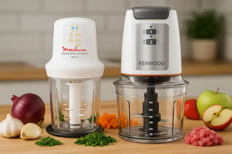 Comparatif mini-hachoir électrique Moulinex et Kenwood sur plan de travail avec légumes et ingrédients