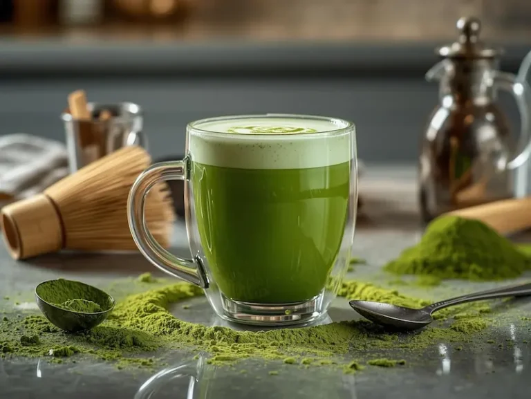 Tasse de matcha latte vert dans une cuisine lumineuse avec fouet en bambou et poudre de matcha.