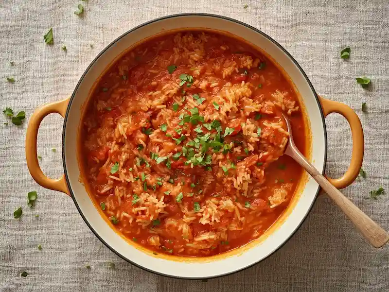 Riz a la tomate mijoté en casserole, recette familiale simple et savoureuse