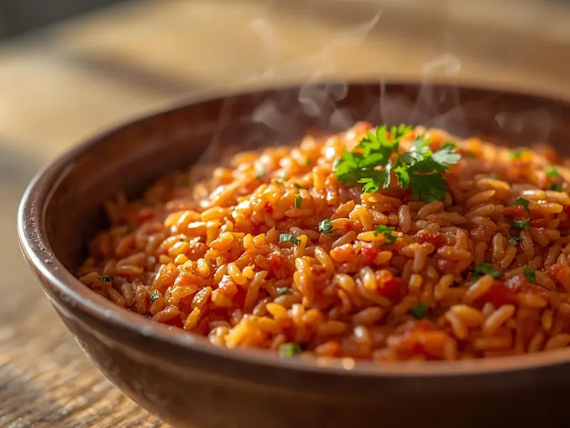 Riz a la tomate dans un bol, recette familiale simple et savoureuse