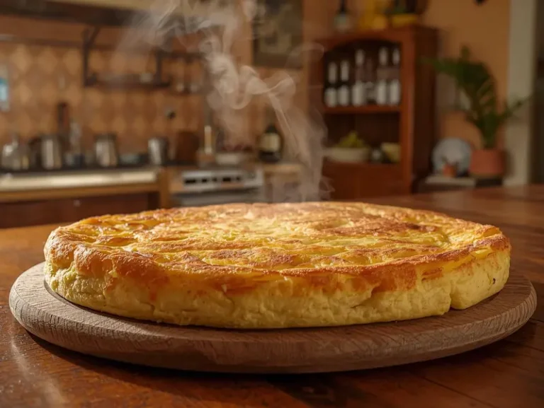 tortilla de patatas épaisse et dorée sur une table en bois dans une cuisine espagnole