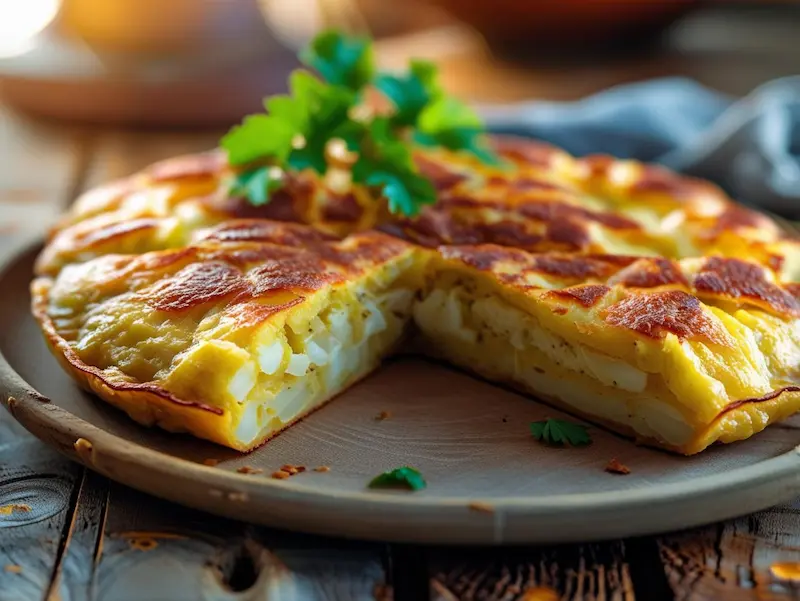 gros plan de tortilla de patatas dorée et moelleuse