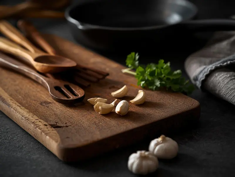 Ustensiles de cuisine en bois posés sur un plan de travail, photo de présentation pour un article comparatif et guide d’achat.