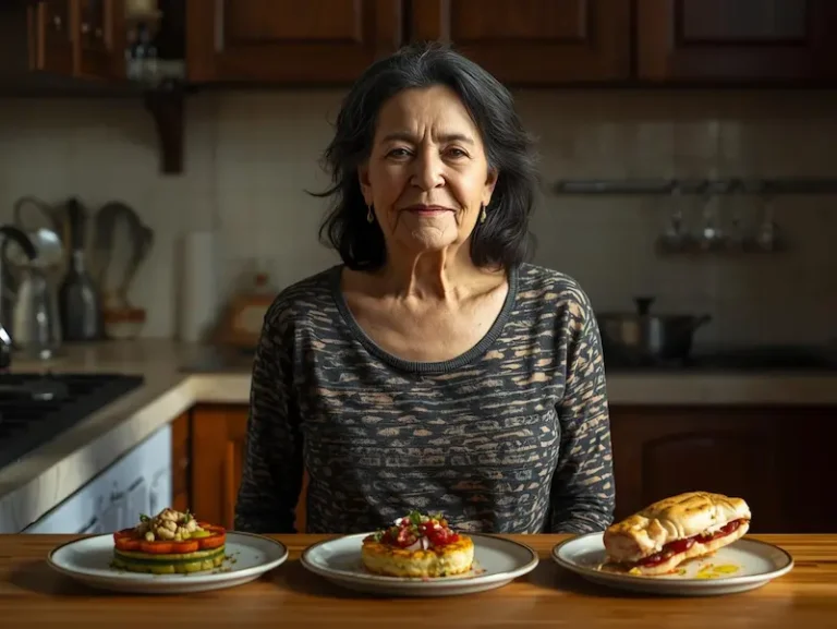 Entrée simple et bluffante présentée par une femme dans sa cuisine avec trois assiettes élégantes