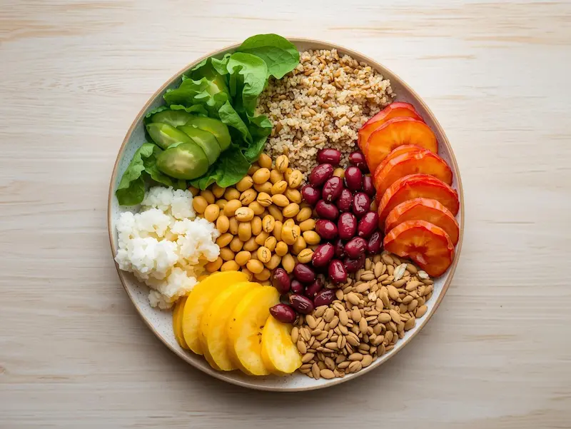 Assiette d’aliments riches en fibres avec légumes, céréales complètes et graines