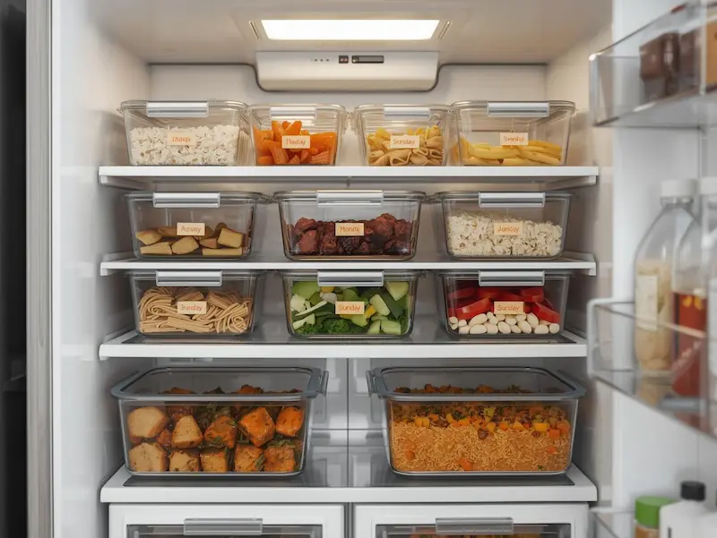 Frigo organisé avec des plats de batch cooking étiquetés pour une semaine de repas