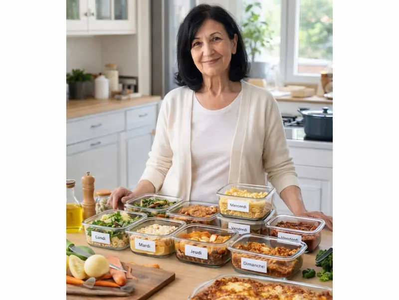 Batch cooking sur 1 semaine avec des plats préparés à l’avance sur un plan de travail de cuisine