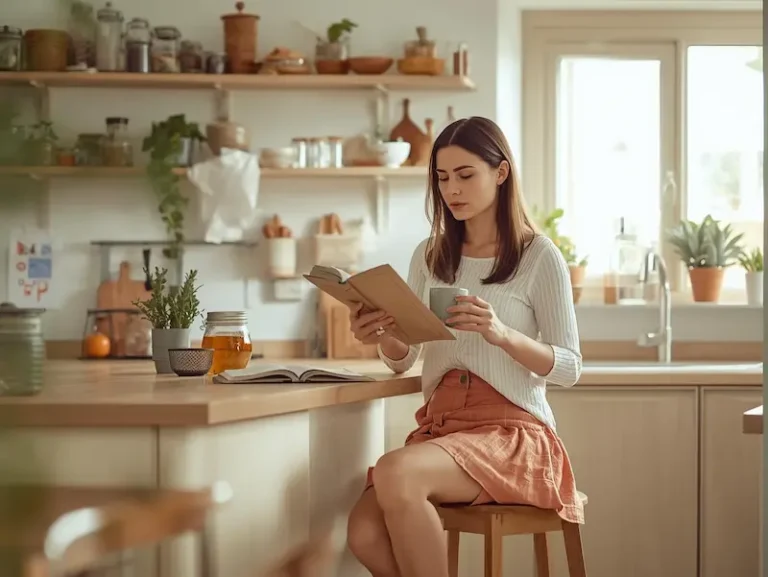 Femme dans une cuisine lumineuse et bien rangée, illustrant le bien-être en cuisine au quotidien