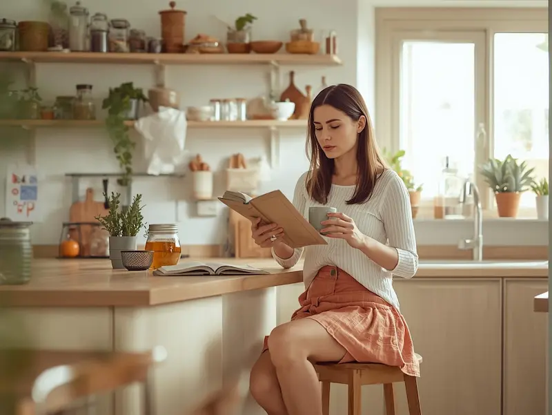 Femme dans une cuisine lumineuse et bien rangée, illustrant le bien-être en cuisine au quotidien