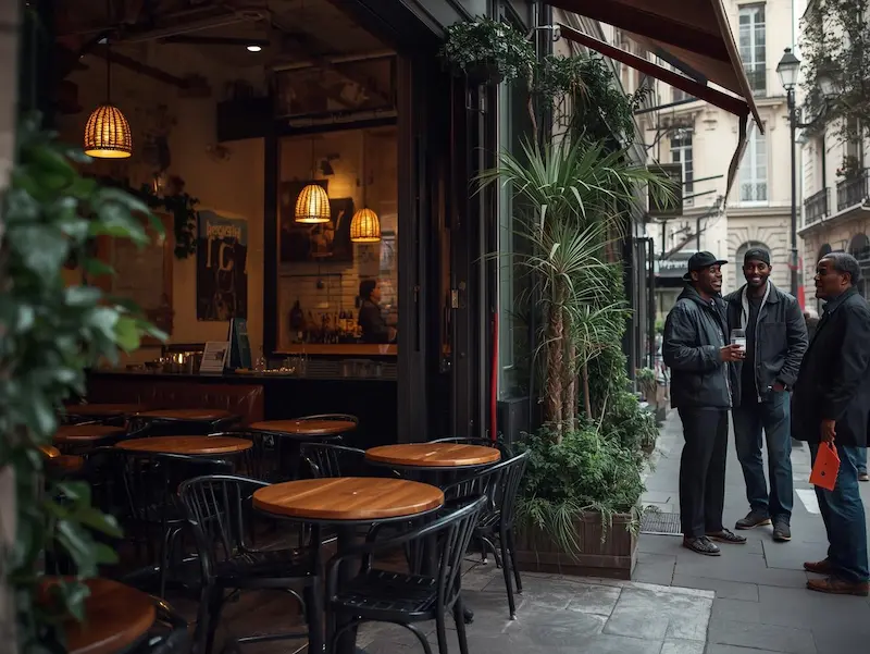 Devanture du restaurant Big Black Cook à Paris dans une rue animée du quartier Montorgueil