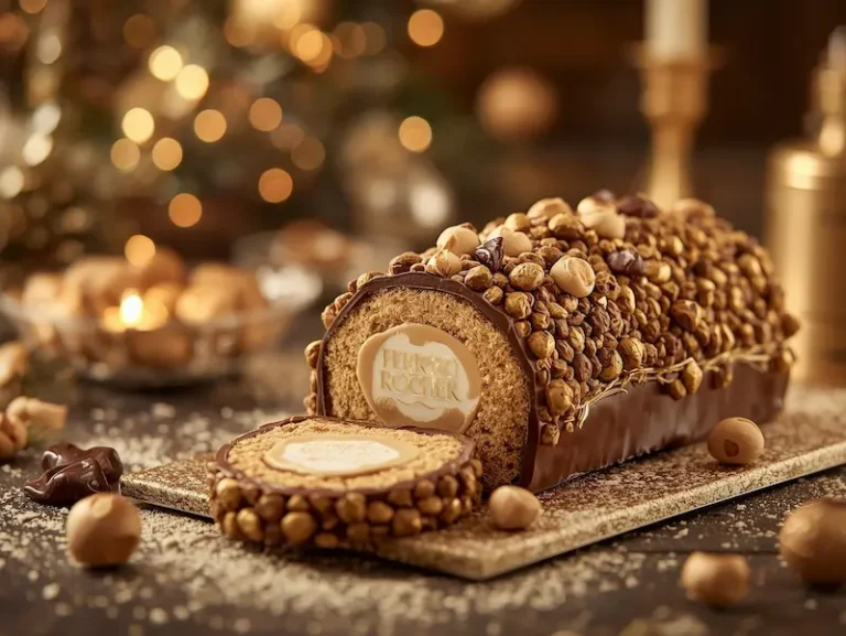 Bûche de Noël Ferrero Rocher facile et légère avec nappage rocher et éclats de noisettes
